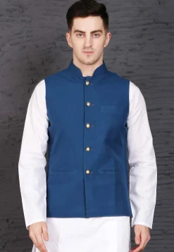 Plain Polyester Nehru Jacket in Dark Blue
