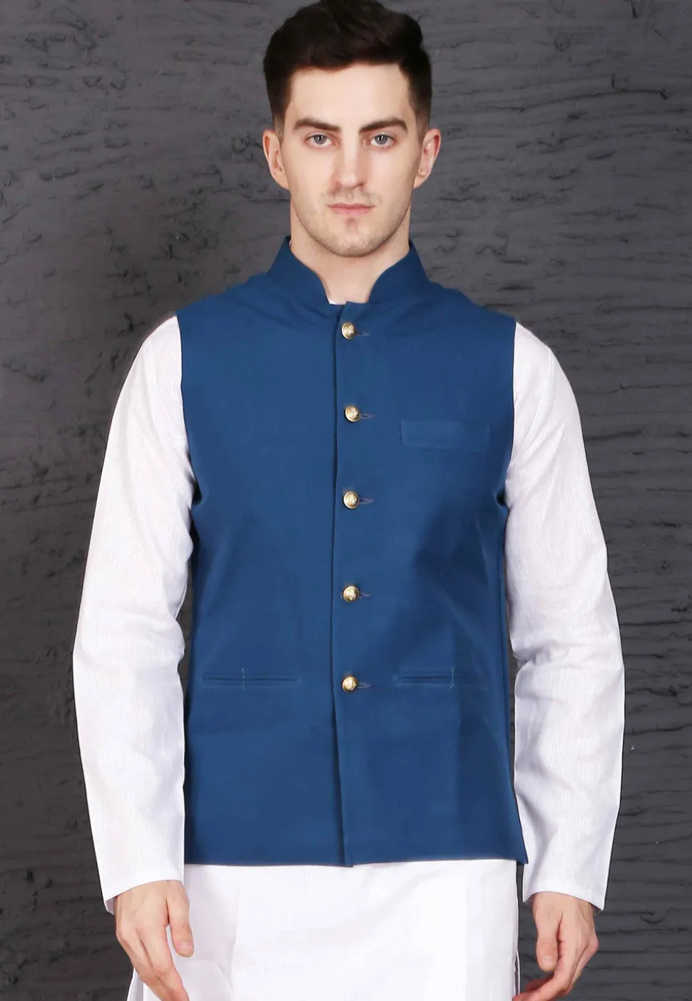 Plain Polyester Nehru Jacket in Dark Blue