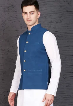 Plain Polyester Nehru Jacket in Dark Blue