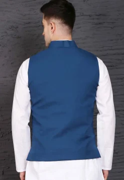 Plain Polyester Nehru Jacket in Dark Blue