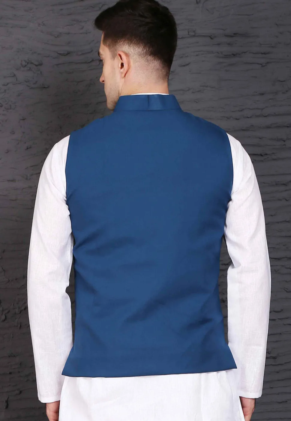 Plain Polyester Nehru Jacket in Dark Blue