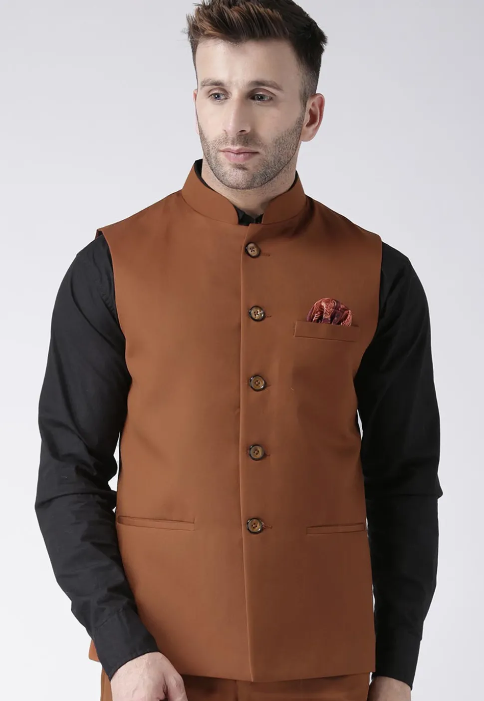 Plain Polyester Viscose Nehru Jacket in Brown