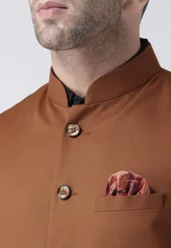 Plain Polyester Viscose Nehru Jacket in Brown