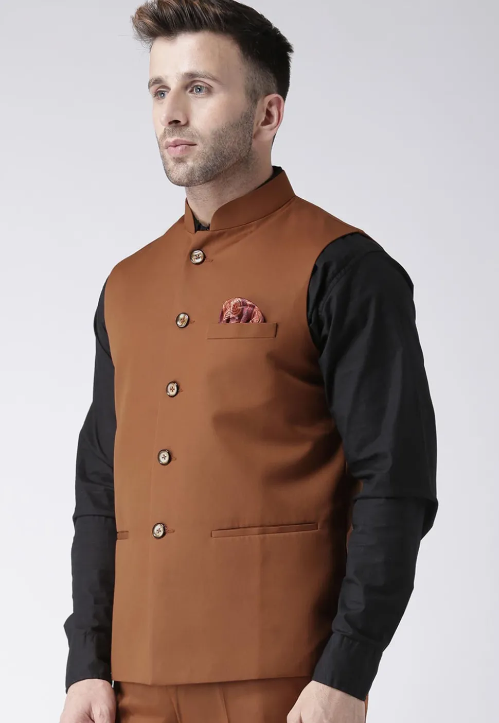 Plain Polyester Viscose Nehru Jacket in Brown