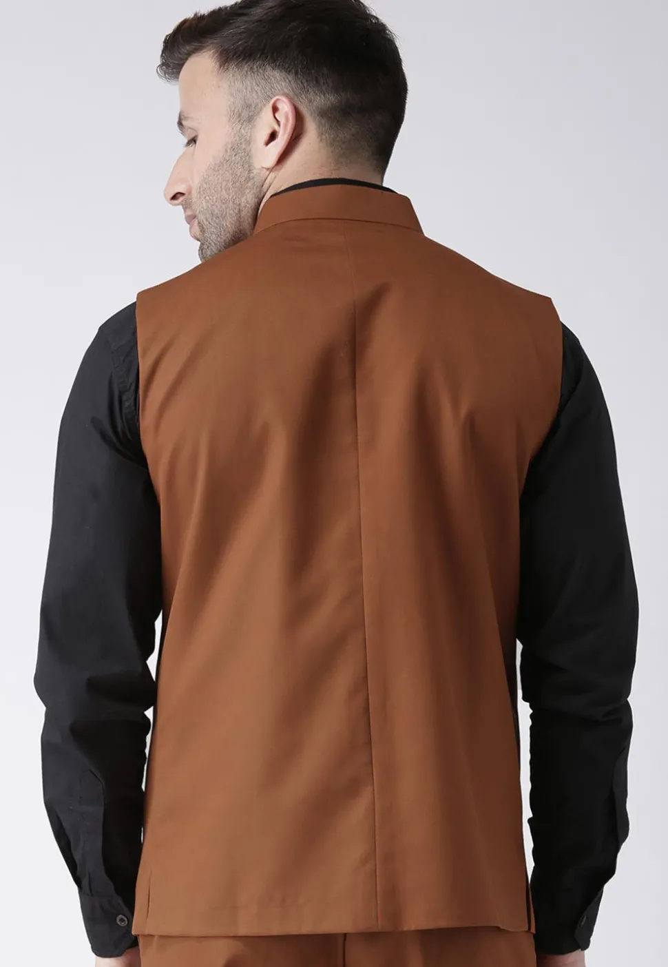Plain Polyester Viscose Nehru Jacket in Brown