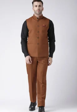 Plain Polyester Viscose Nehru Jacket in Brown