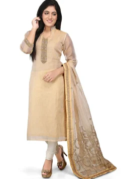 Plain Pure Kota Silk Straight Cut Suit in Beige