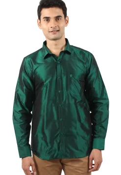Plain Pure Silk Shirt in Dark Green