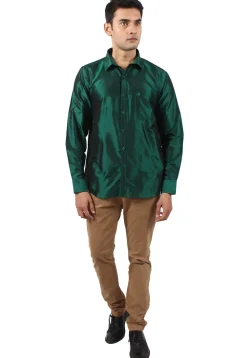 Plain Pure Silk Shirt in Dark Green