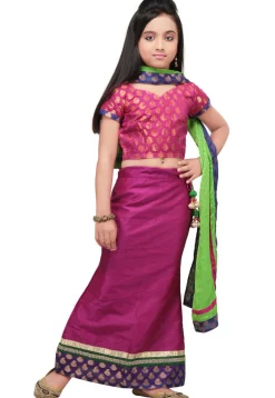 Plain Raw Silk Lehenga Set in Magenta