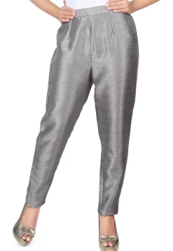 Plain Raw Silk Straight Pant in Grey