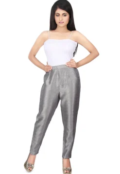 Plain Raw Silk Straight Pant in Grey
