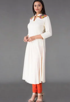 Plain Rayon Anarkali Suit in Off White