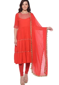 Plain Rayon Anarkali Suit in Red