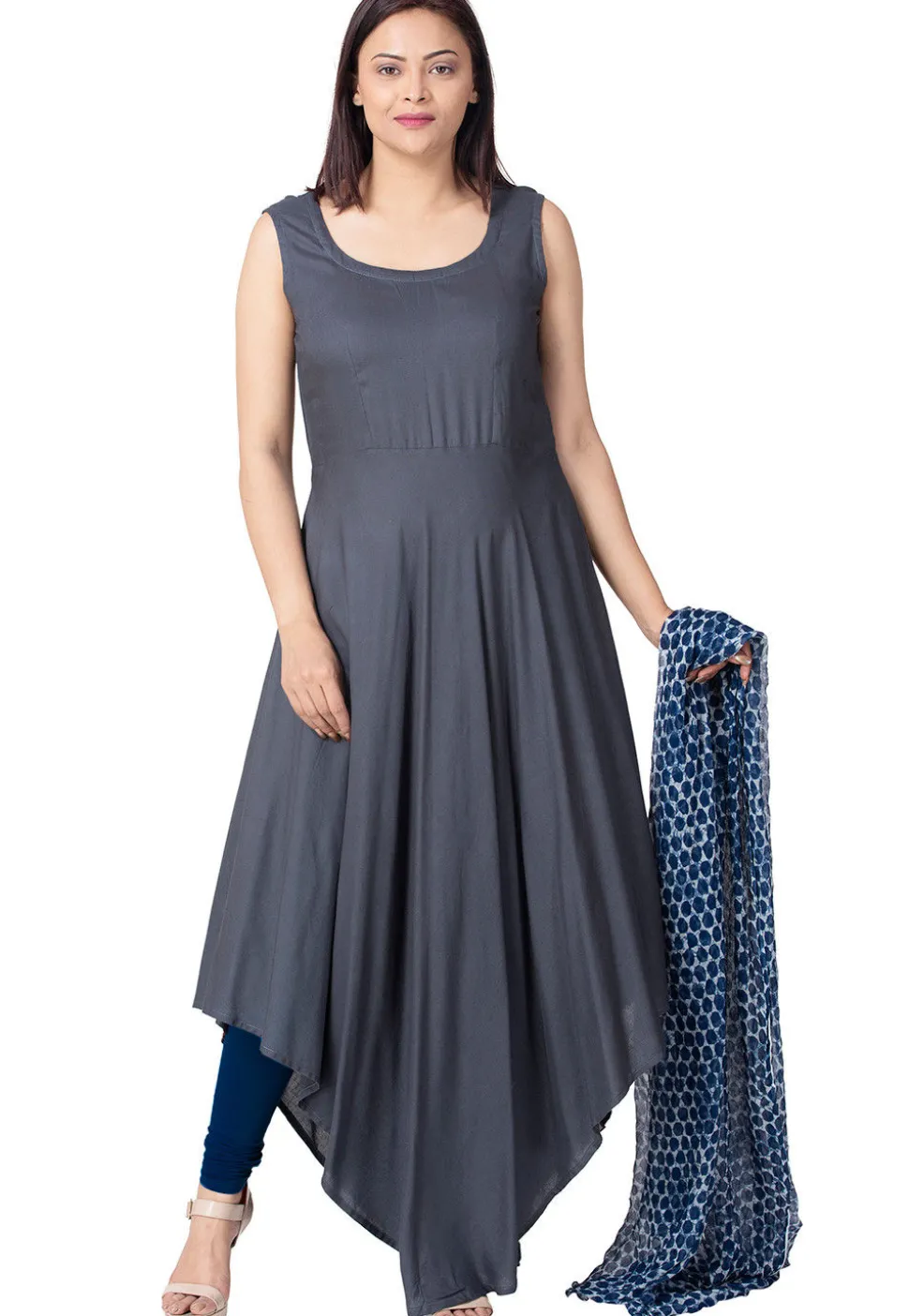 Plain Rayon Asymmetric Anarkali Suit in Blue