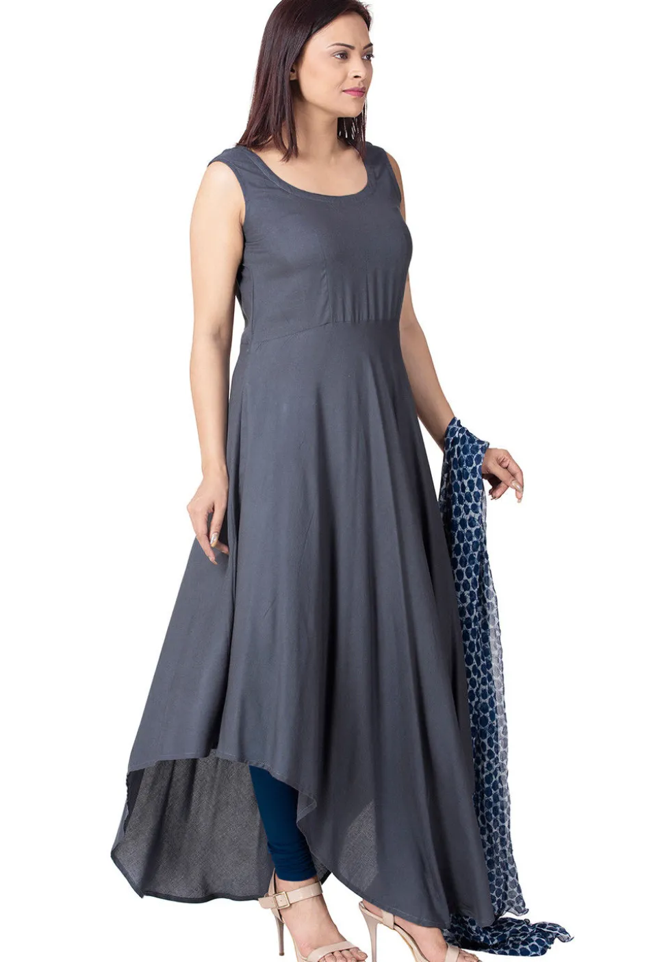 Plain Rayon Asymmetric Anarkali Suit in Blue