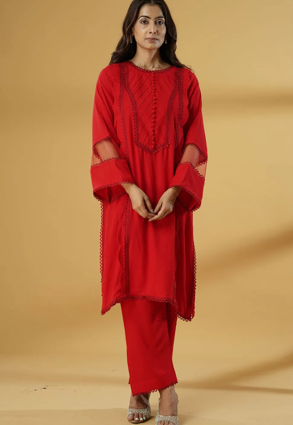 Plain Rayon Straight Kurta Set in Red