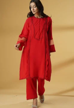 Plain Rayon Straight Kurta Set in Red