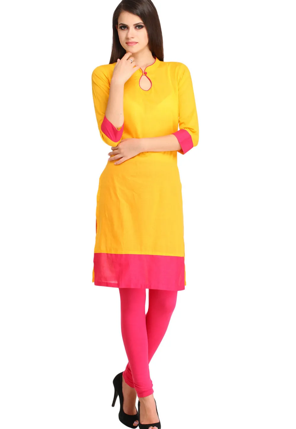 Plain Rayon Straight Kurta in Yellow