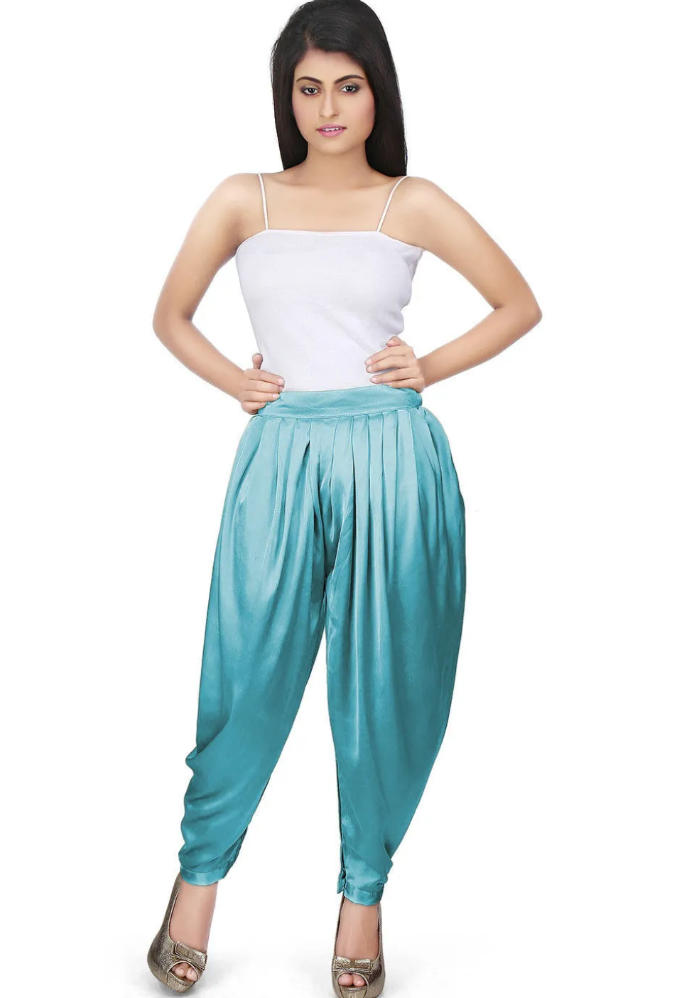 Plain Satin Dhoti Pant in Teal Blue