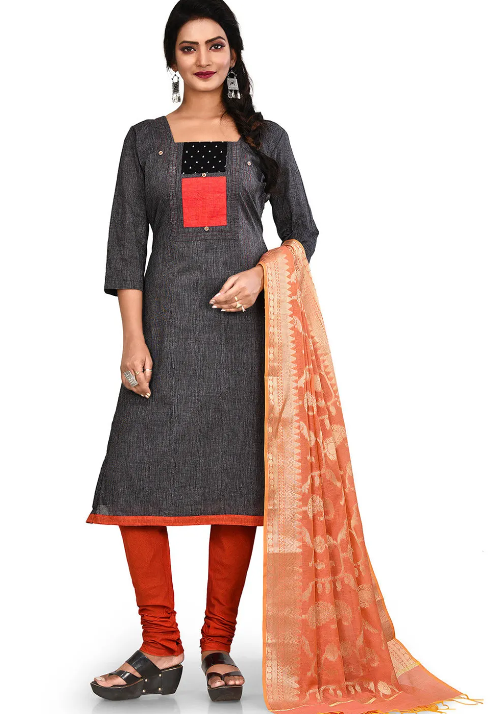 Plain South Cotton Straight Suit in Dark Grey