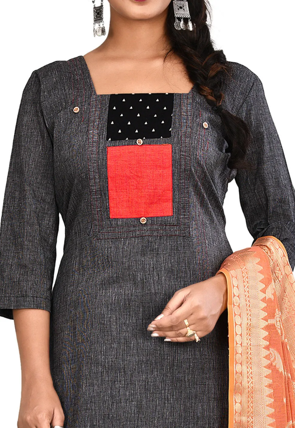 Plain South Cotton Straight Suit in Dark Grey