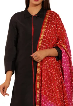 Plain Taffeta Silk Straight Suit in Black