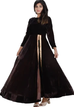 Plain Velvet Front Slit Long Kurta in Dark Brown