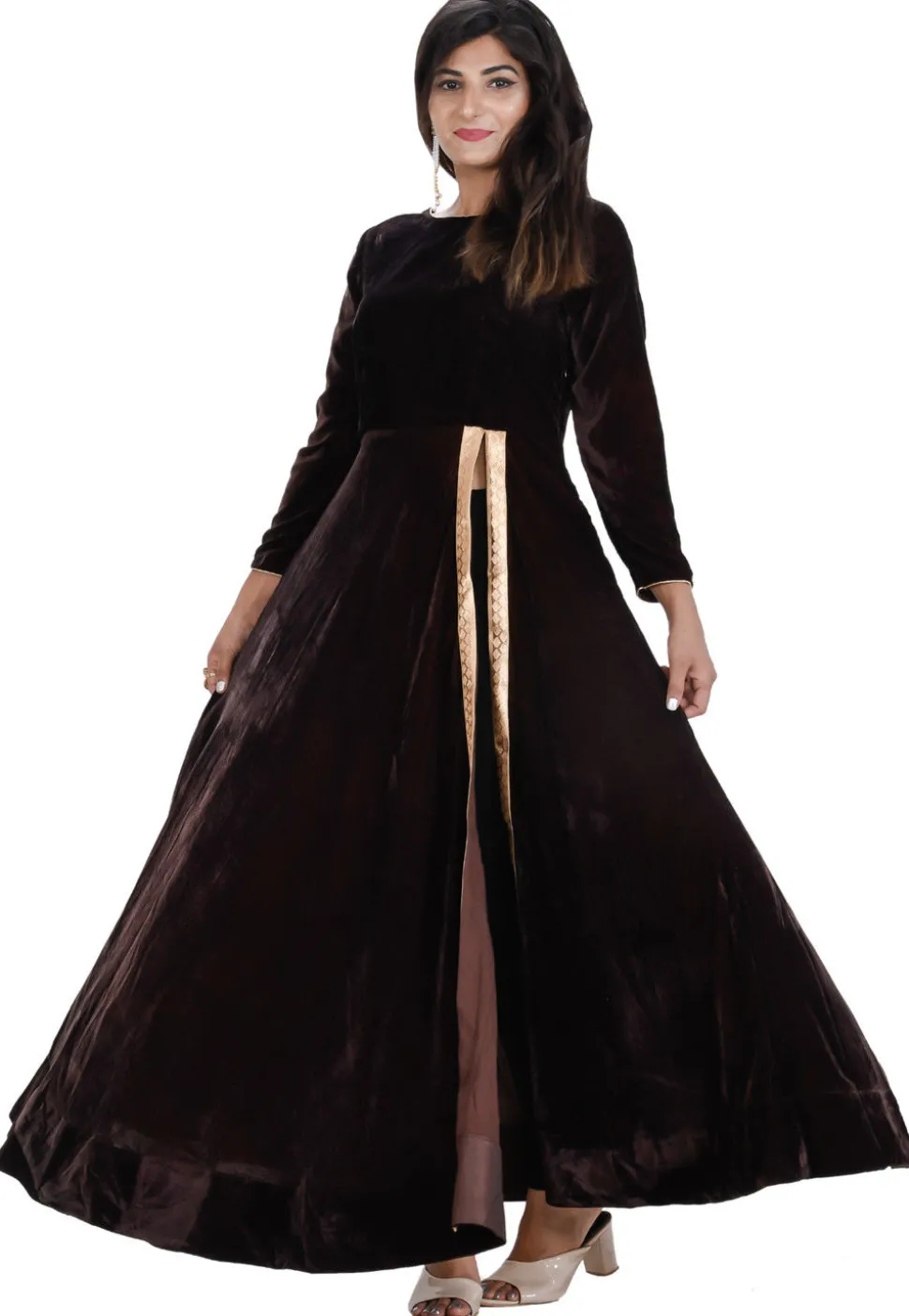 Plain Velvet Front Slit Long Kurta in Dark Brown