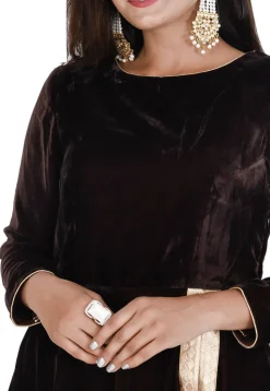 Plain Velvet Front Slit Long Kurta in Dark Brown