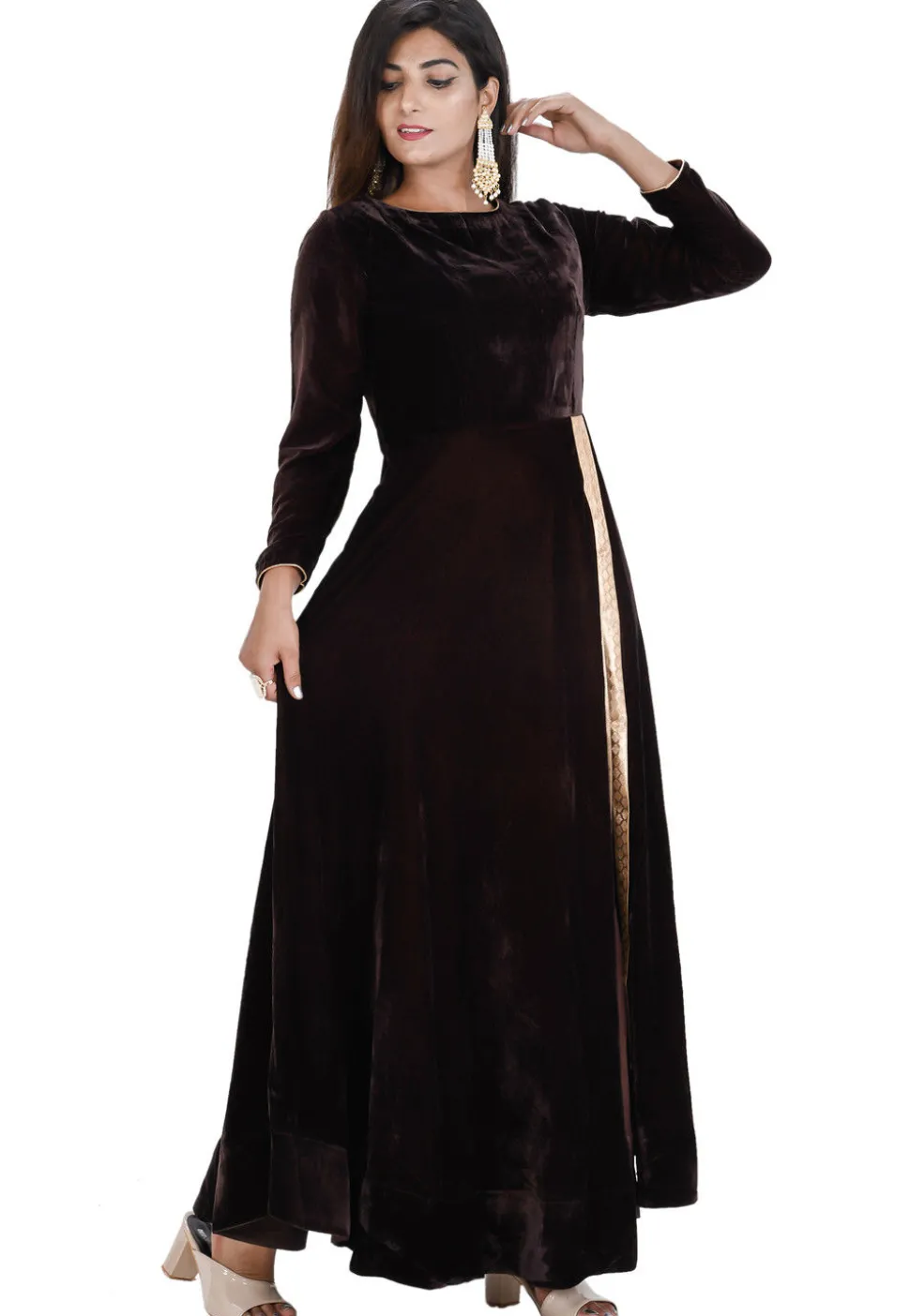 Plain Velvet Front Slit Long Kurta in Dark Brown