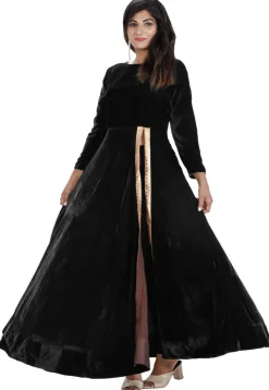 Plain Velvet Front Slit Long Kurta Set in Black