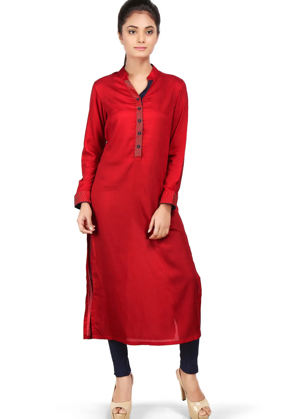 Plain Viscose Long Kurta in Red