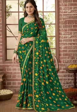 Polka Dot Printed Georgette Saree in Green