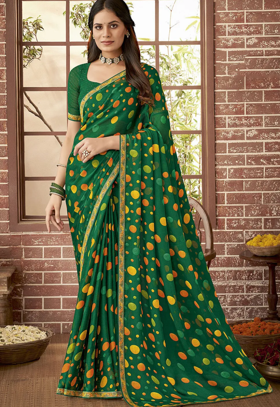 Polka Dot Printed Georgette Saree in Green