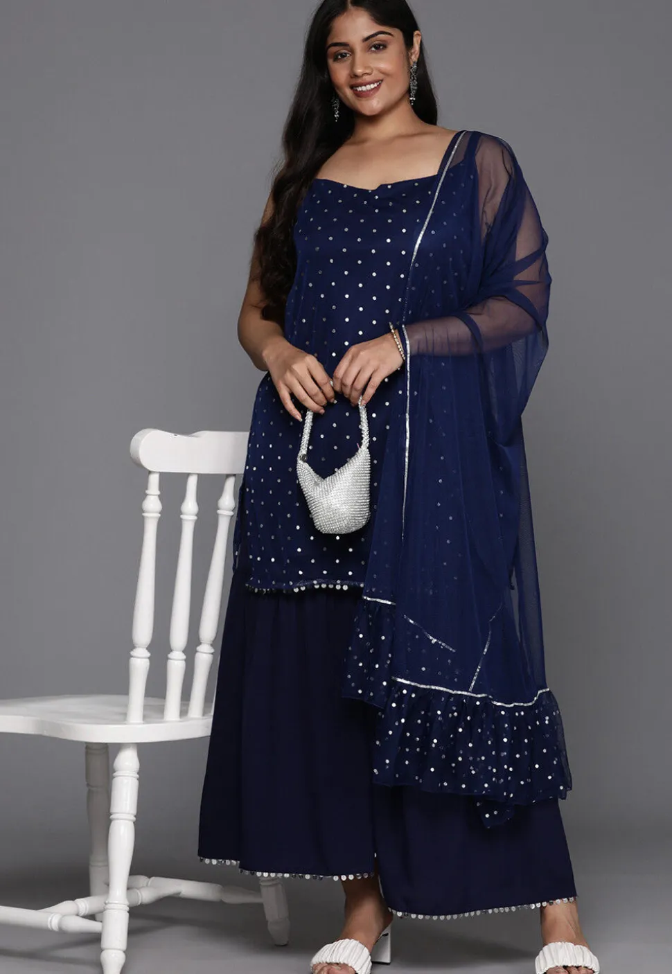 Polka Dot Printed Net Pakistani Suit in Navy Blue