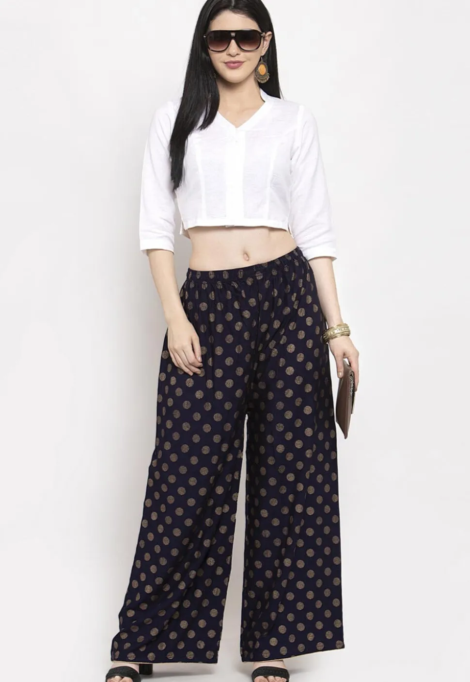 Polka Dot Printed Rayon Palazzo in Navy Blue