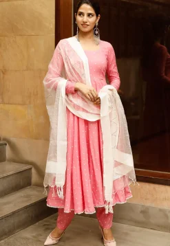 Polka Dotted Rayon Anarkali Suit in Pink