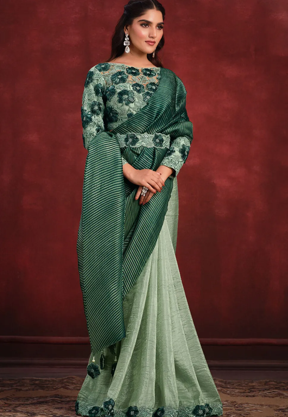 Pre Stitched Art Silk Accordian Saree in Green