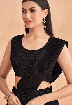 Pre Stitched Art Silk Lehenga Style Saree in Black