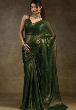Pre Stitched Art Silk Saree in Olive Green