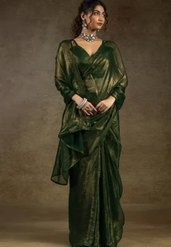 Pre Stitched Art Silk Saree in Olive Green