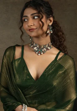 Pre Stitched Art Silk Saree in Olive Green