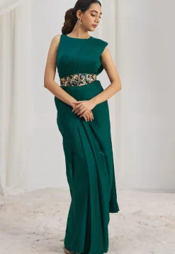 Pre Stitched Art Silk Saree in Teal Green