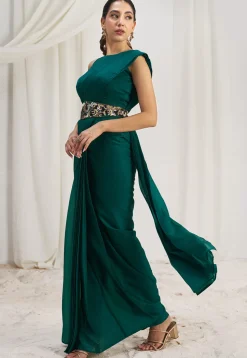 Pre Stitched Art Silk Saree in Teal Green