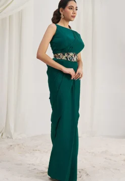 Pre Stitched Art Silk Saree in Teal Green