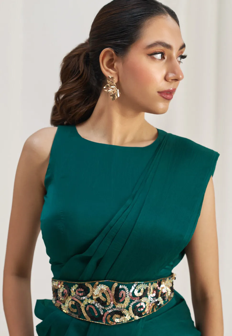 Pre Stitched Art Silk Saree in Teal Green