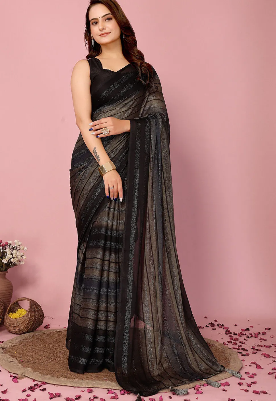 Pre Stitched Art Silk Saree in Grey