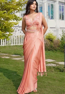 Pre Stitched Art Silk Saree in Peach
