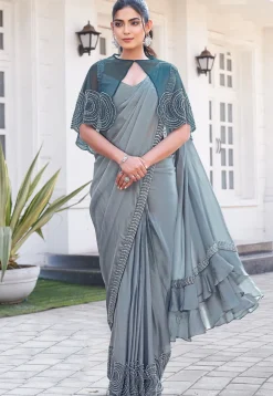 Pre Stitched Art Silk Saree in Grey
